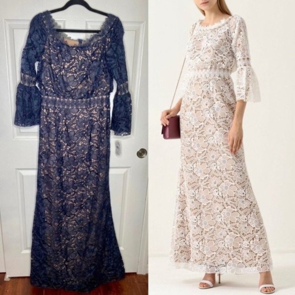 NWT Tadashi Shoji Navy Blue Nude Lace Off The Shoulder Maxi Dress Gown Size 10